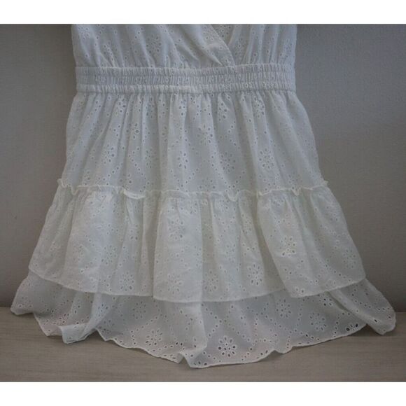 WAYF Women's Sz M White Reese Smocked Waist Tiered Eyelet Cotton Mini Dress - Picture 4 of 15